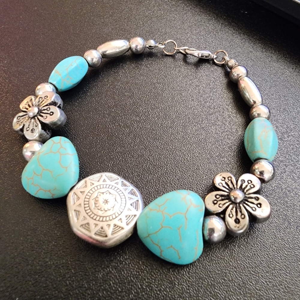 Boho Silver Toned and Faux Turquoise Floral Heart Bracelet
